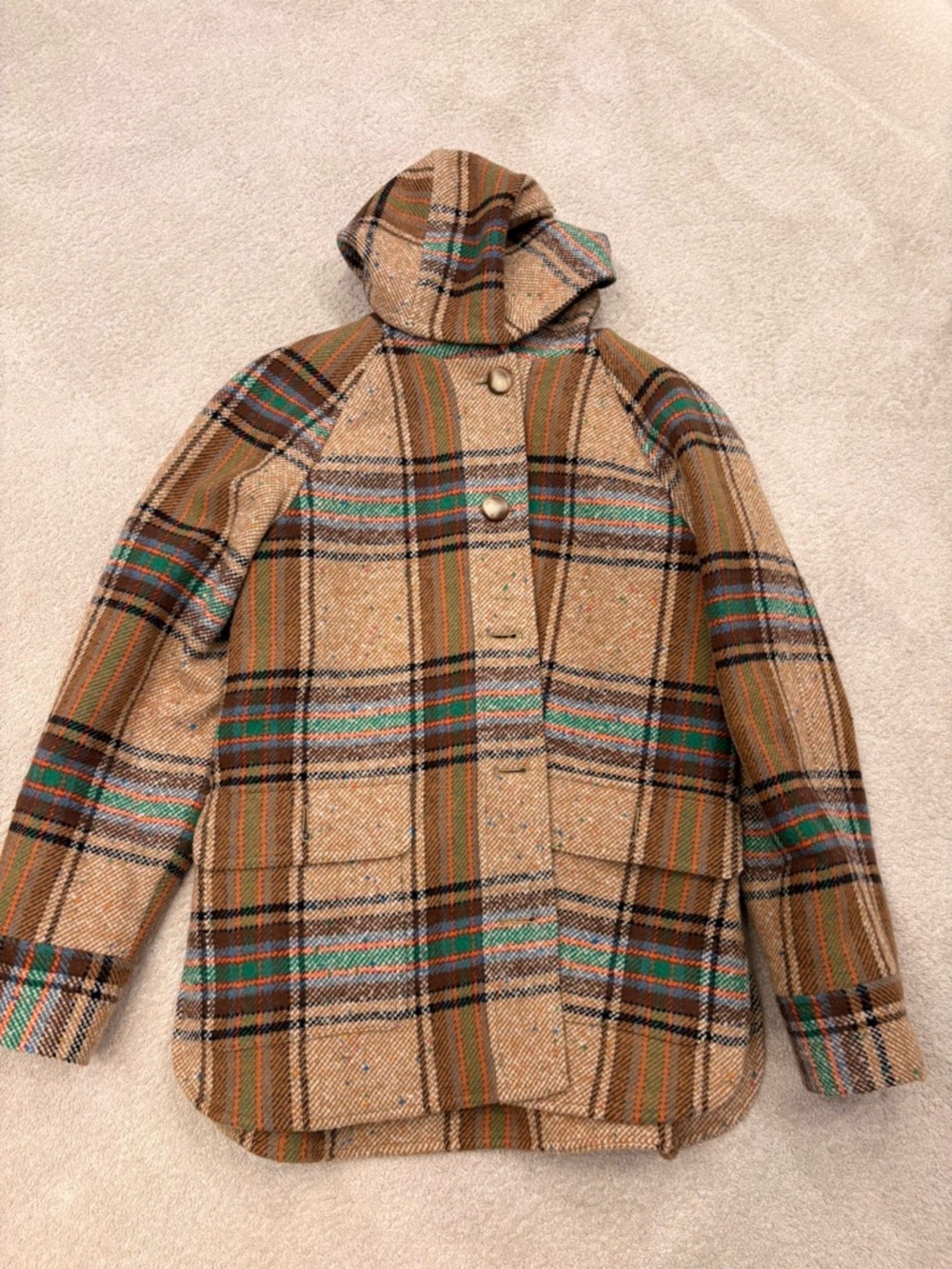 Sezane Hooded Wool Blend Jacket in Tan and Green